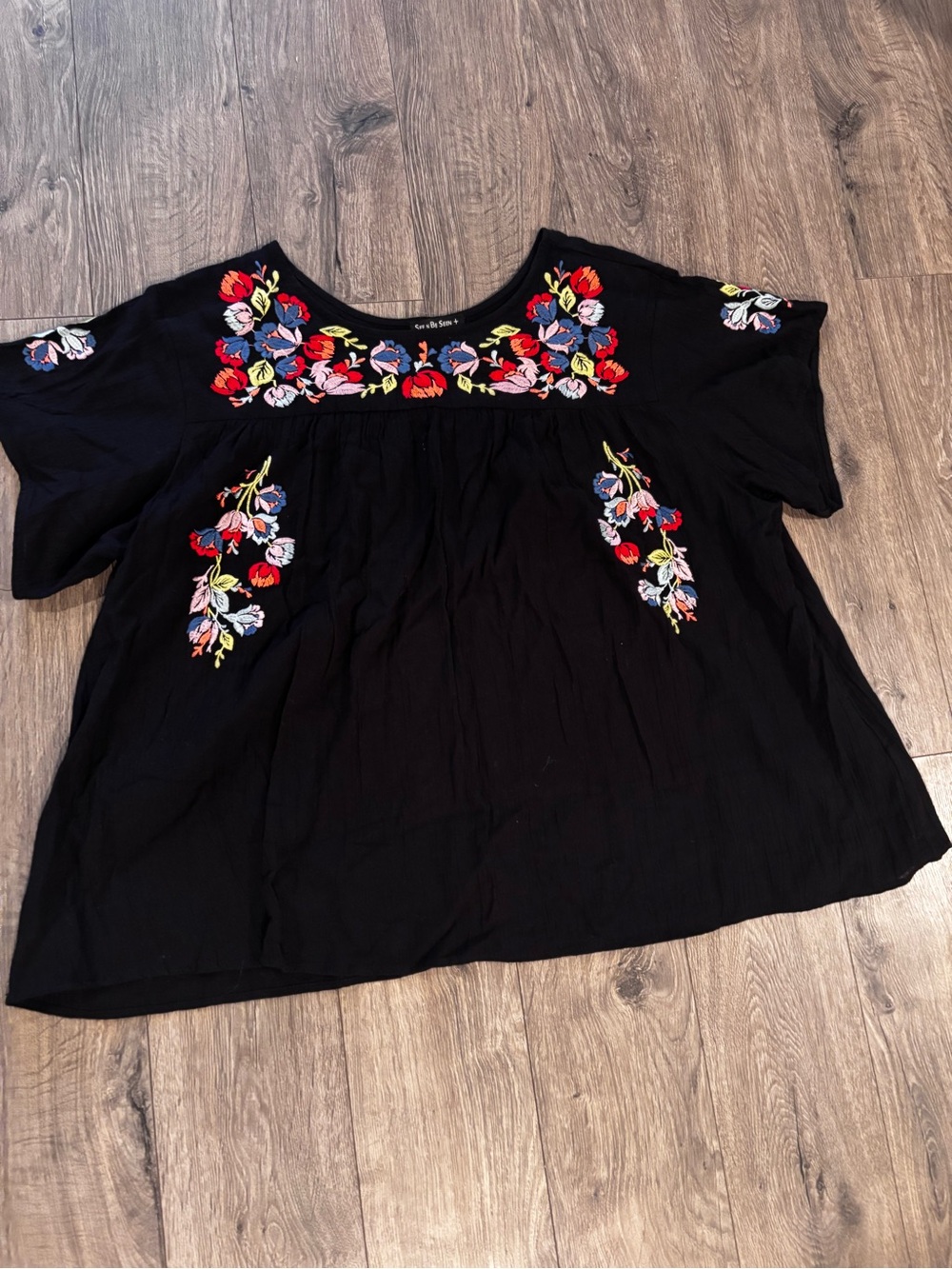 Black Embroidered Floral Boho Top - Women